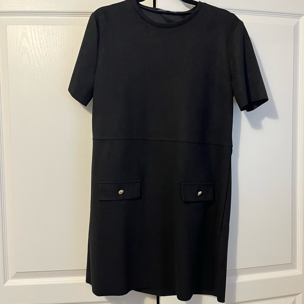 Zara Suede Effect Black Short Sleeve Mini Dress